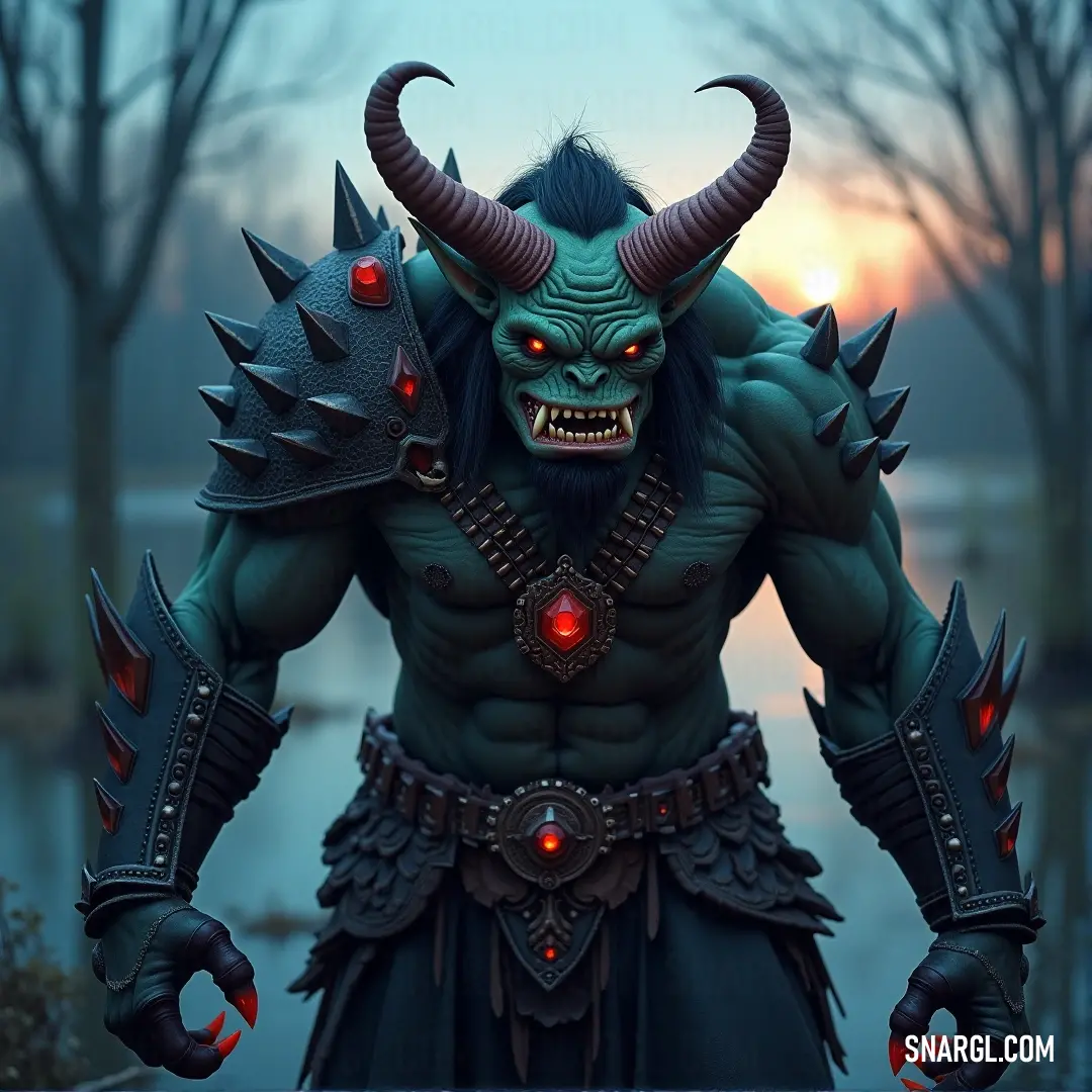 A fearsome figure known as Thok the Bloodthirsty, towering with sharp horns and glowing eyes, stands confidently in a mystical forest. Tall trees and a serene lake stretch out in the background, completing this dramatic and imposing scene.