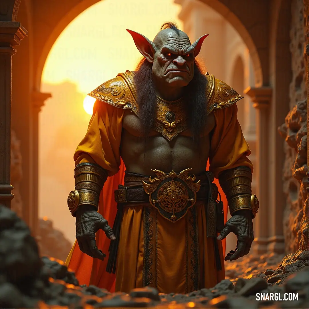 Thok the Bloodthirsty, standing tall in a cave, is bathed in the warm glow of the sun in the distance. His majestic appearance in the cave contrasts the powerful light from the outside world, showcasing his dominance.