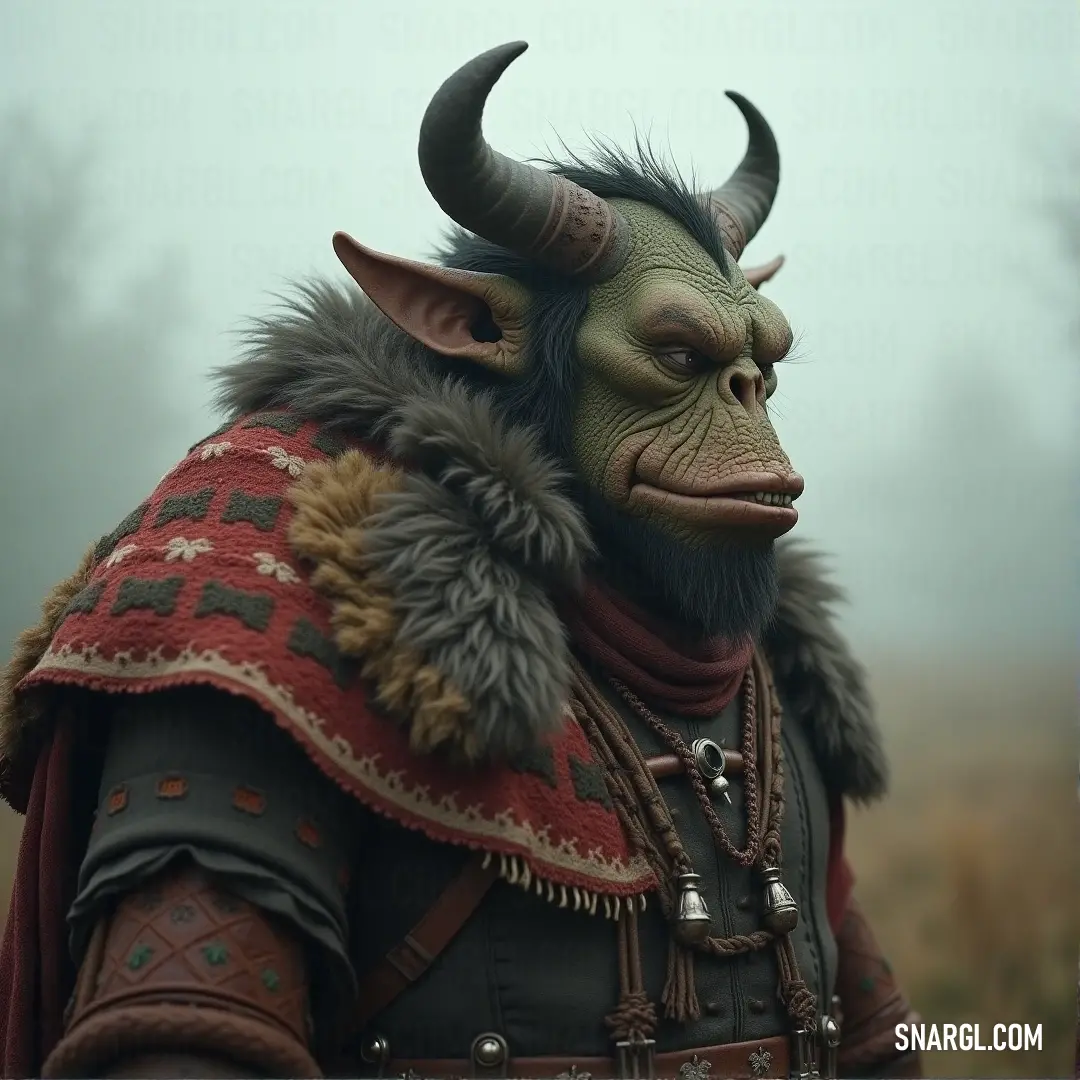 Thok, in a striking horned costume and red cape, stands proudly, embodying strength and ancient tales. Thok, adorned in a beautifully crafted horned costume, exudes a commanding presence with his majestic beard and vibrant red cape, evoking strength and mystique within an ancient tale.