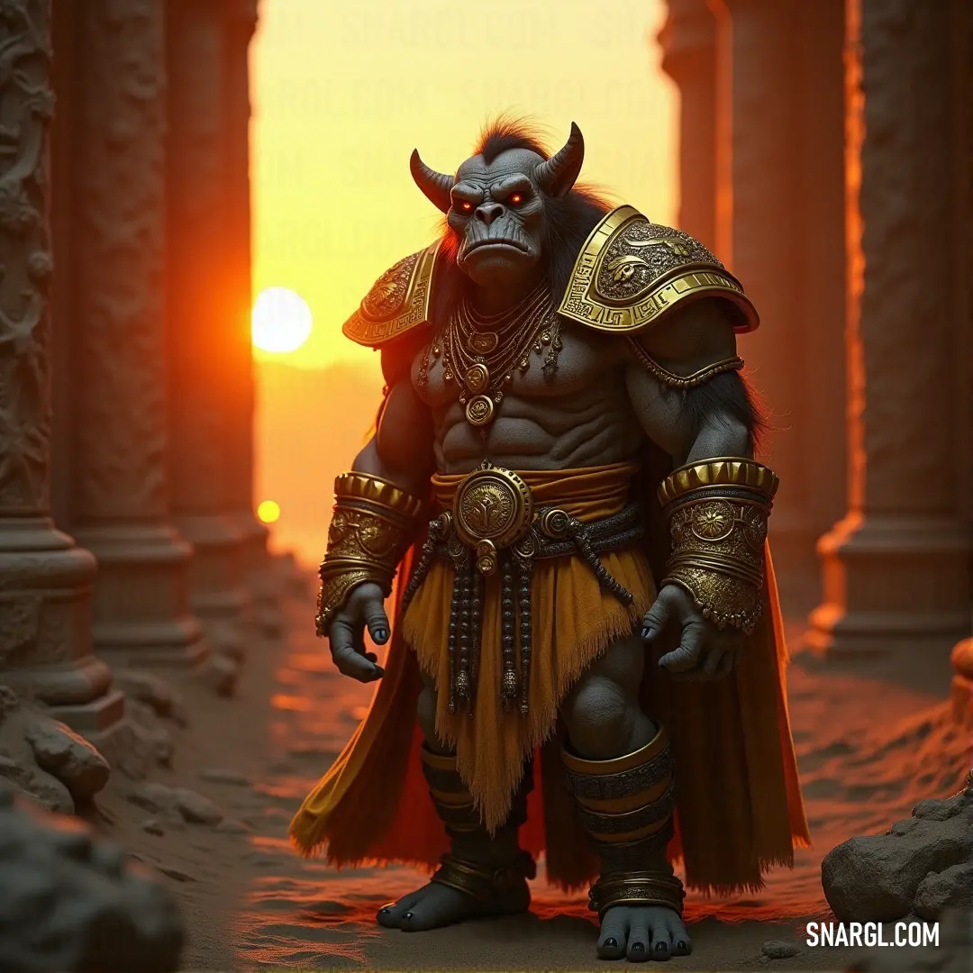 Thok, wearing a helmet and armor, stands proudly in a desert environment, surrounded by ancient columns, ready to face any challenge that comes his way.