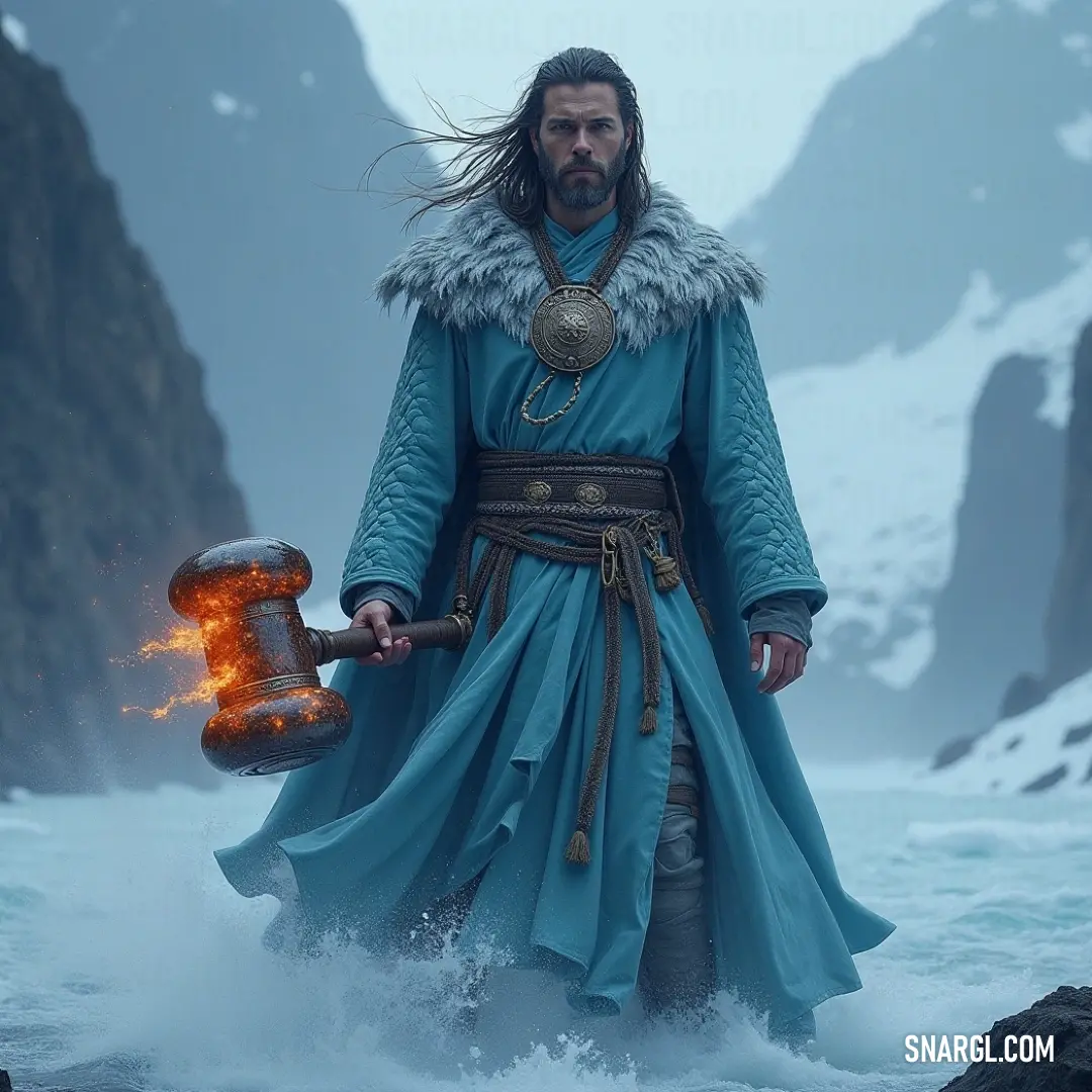 In a tranquil waterscape, an unwavering figure in blue wields a hammer, standing against a breathtaking backdrop of towering mountains and glistening water. A determined figure dressed in blue firmly holds a hammer, poised in a serene water setting with majestic mountains rising in the background. The sparkling water reflects the brilliant hues of nature, enhancing the aura of peace yet hinting at strength an