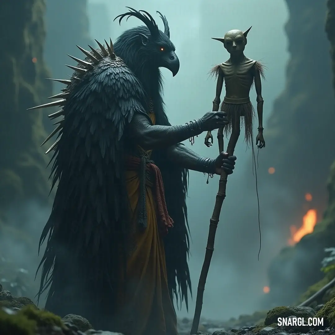 Inside a dark, fiery cave, a warrior in a horned costume stands ready to confront a demon, surrounded by the glow of molten lava and encroaching shadows. In a shadowy cave filled with molten rock and dim light, a fierce warrior in a horned outfit confronts a demonic creature. The tension is palpable, as the fiery lava illuminates the dark space, creating an intense atmosphere where valor and danger collide