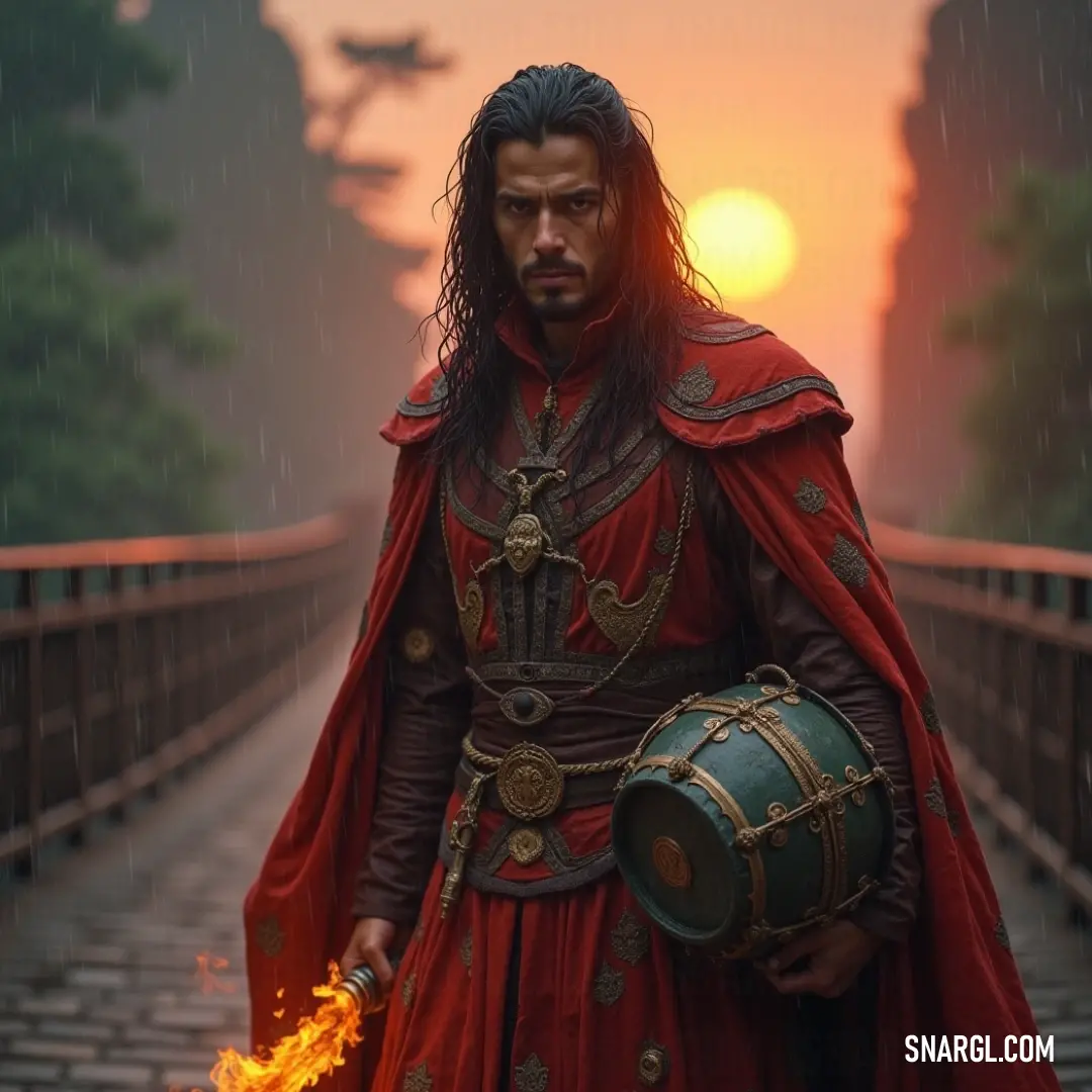 A courageous individual in a vivid red ensemble stands triumphantly on a bridge, holding a fire bucket and helmet against the breathtaking backdrop of a stunning sunset, igniting the scene with a spirit of determination. A brave figure in a striking red outfit stands on a bridge, clutching a fire bucket and a helmet as the vibrant colors of a sunset fill the sky, casting a warm glow that imbues the scene with a sense of adventure and valor.