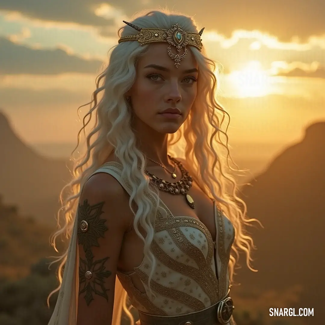A noble figure, crowned and resplendent in gold and white, stands before towering mountains, embodying majesty and grace. A regal character with flowing white hair and a golden-white outfit stands tall with a crown amidst majestic mountains. Their imposing presence exudes authority and wisdom against a breathtaking natural backdrop.