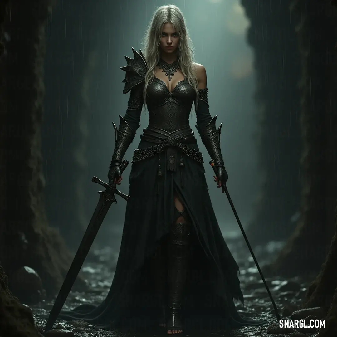 In a shadowy forest, a steadfast character wielding twin swords commands attention, illuminated by ethereal rays of light filtering through the dense treetops around them. A fierce warrior draped in a flowing black dress stands resolute in a dark forest, dual swords in hand, as beams of light filter through the trees, illuminating their determined expression.