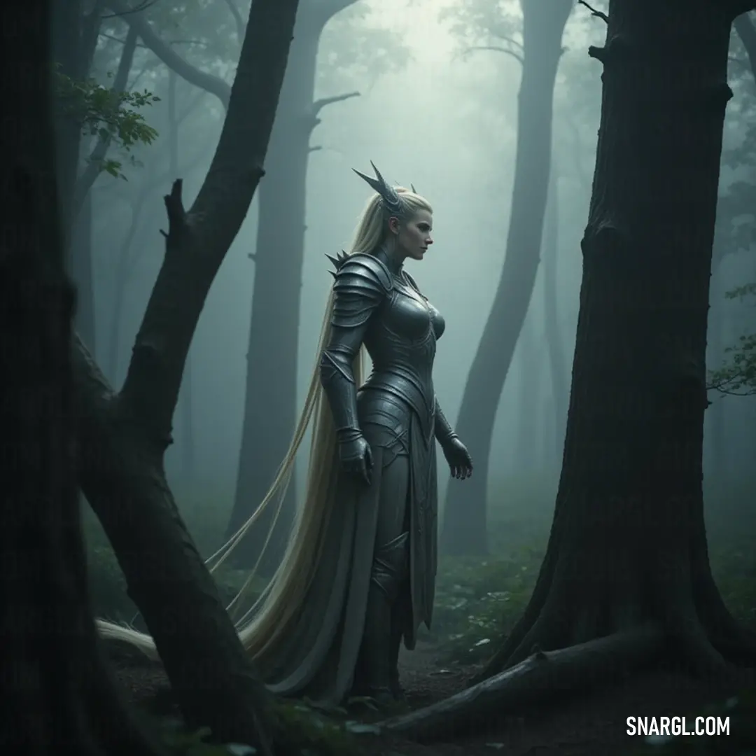 An empowered figure in a lush forest wields a sword gallantly, showcasing strength and regal presence in a captivating setting. A fierce character stands poised in a vibrant forest, clutching a sword with grace and strength. A crown adorns their head, symbolizing authority and bravery amidst a backdrop of nature's majesty.