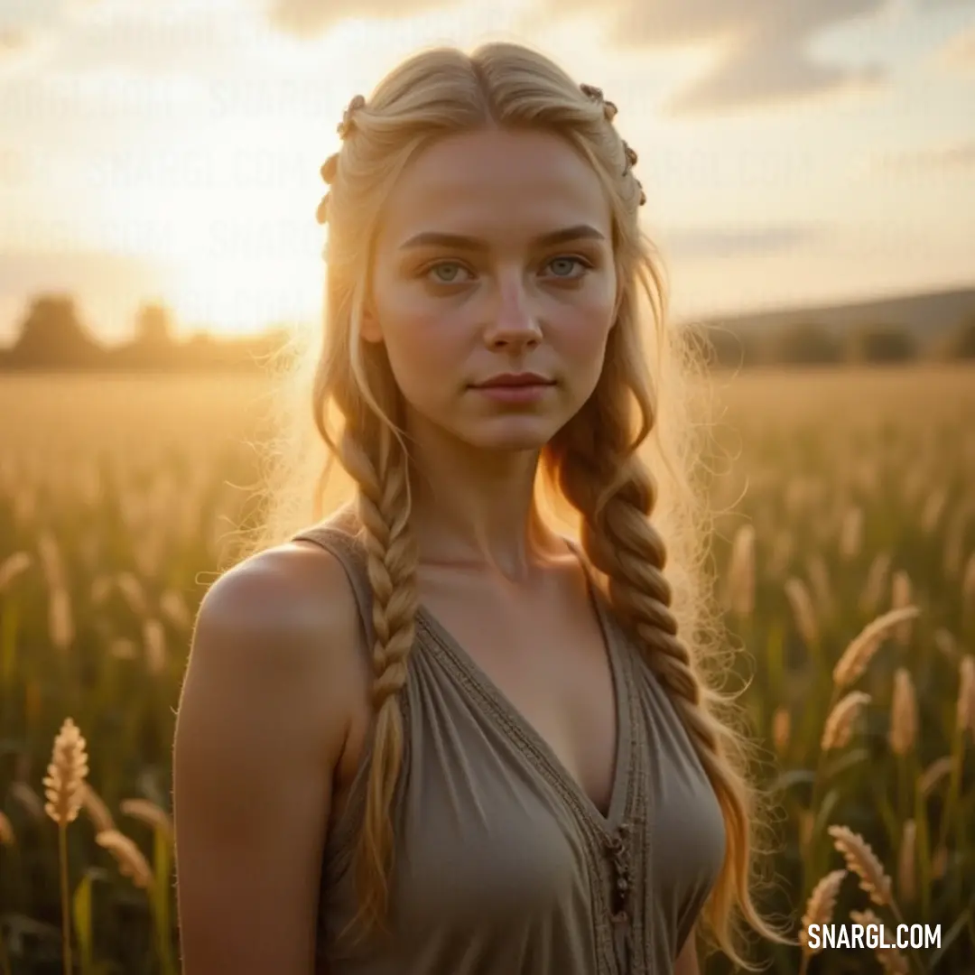 A serene figure with a braid stands gracefully in a golden wheat field at sunset, with the warm glow of the sun enveloping them, setting a tranquil scene filled with peace and beauty.