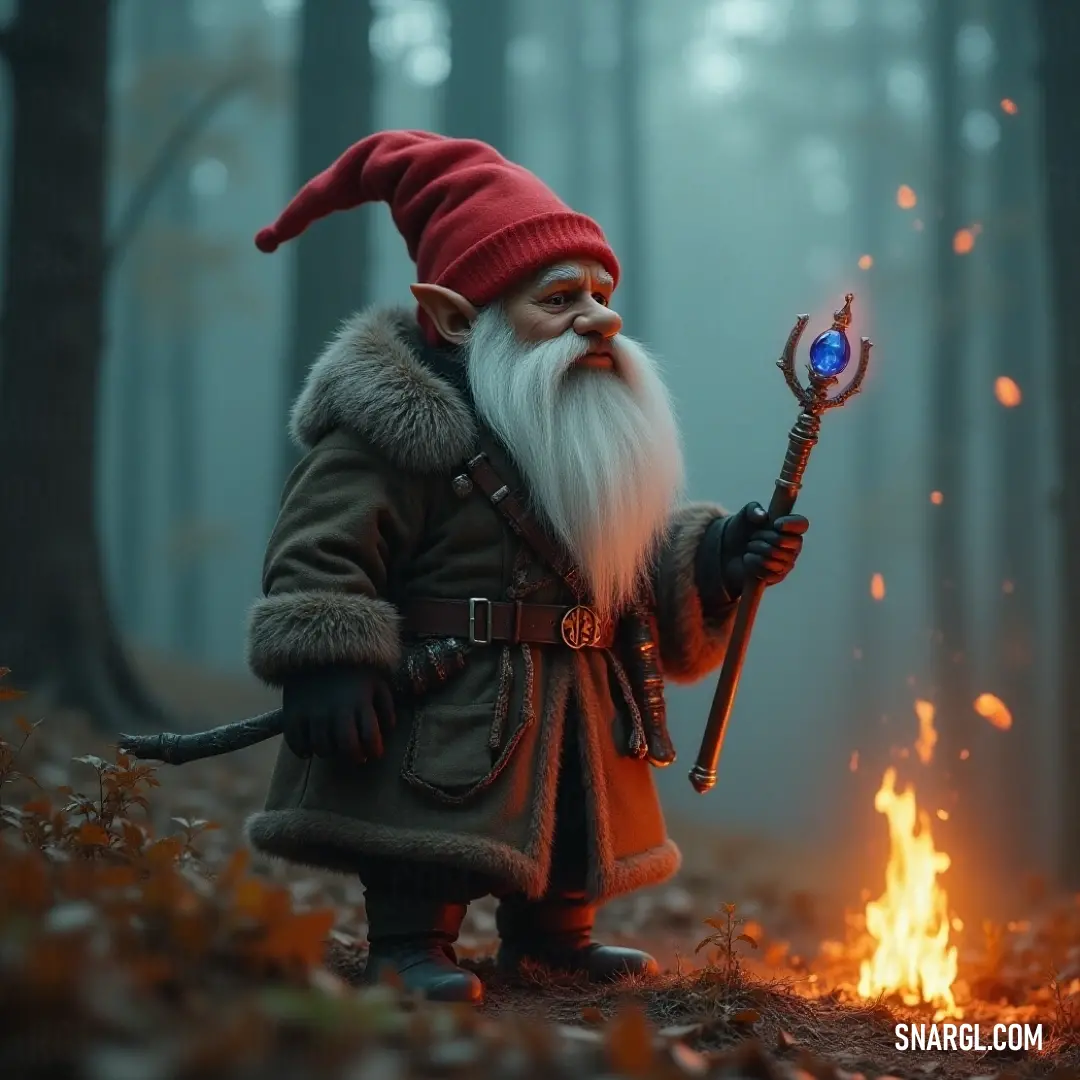 Deep within a dense, shadowy forest, a powerful character brandishes a wand and a shimmering blue orb, surrounded by a flickering fire that dances with life, breathing warmth and energy into the enchanting woodland scene.