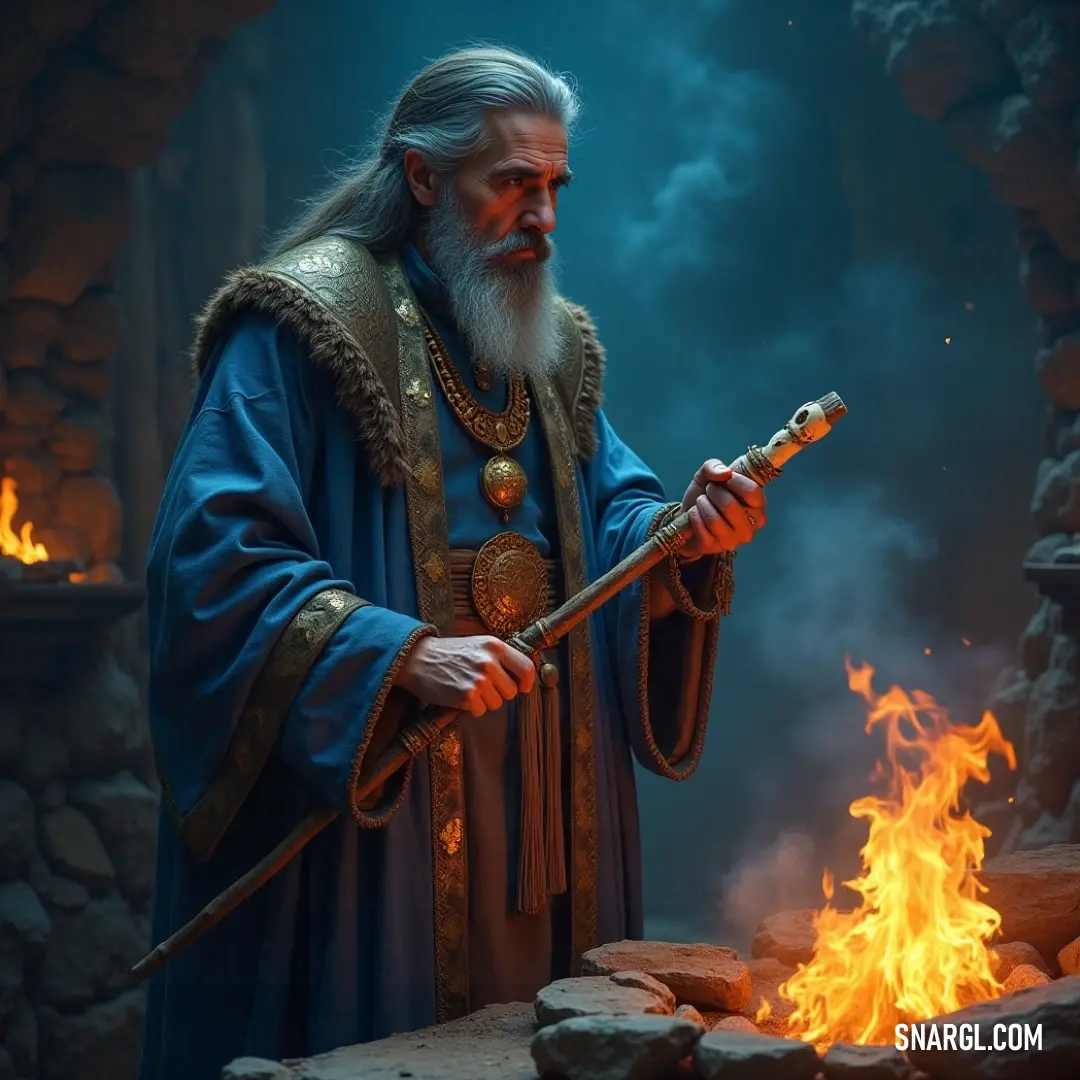 A sage figure garbed in blue skillfully tending to a glowing fire pit, radiating warmth and wisdom against the backdrop of dusk. A wise figure in a flowing blue robe stands near a flickering fire pit, skillfully handling a stick to stoke the flames, where the glow reflects the quiet strength and passion of the night.