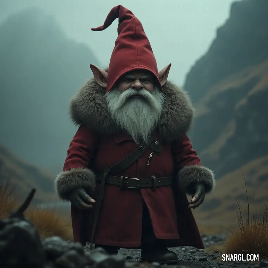 Thormund, dressed in a striking red outfit and hat, stands proud amidst nature's beauty, symbolizing warmth and vigor. Draped in a vibrant red outfit and topped with a whimsical red hat, Thormund stands confidently, portraying authority and charm, against a stunning natural backdrop that enhances his majestic presence.