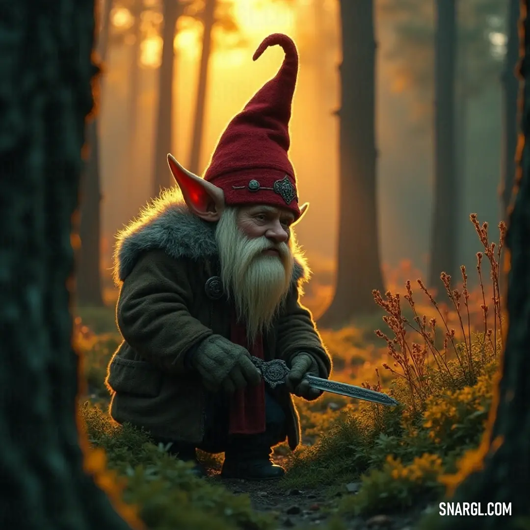 Thormund, a valiant figure bearing a sword, stands amidst a forest at dawn, dressed in a red hat, ready to face new adventures. Standing at the edge of a forest at dawn, Thormund brandishes his sword, his red hat contrasting beautifully with the warm hues of sunrise, embodying the spirit of adventure and resilience in nature.