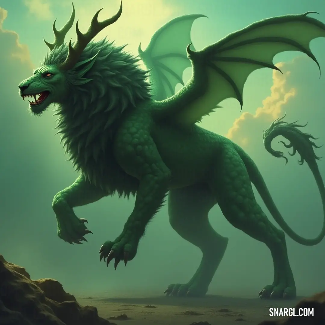 Green Thorn the Manticore, with imposing horns and wings, stands proudly on a rocky landscape beneath a stormy sky, adding a powerful and mythical presence to the scene. Thorn the Manticore, a fierce green creature with horns and large wings, stands on rocky terrain. A dramatic cloudy sky fills the background, amplifying the sense of mystery and adventure in this wild setting.