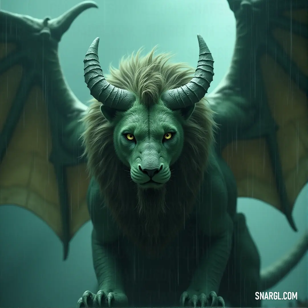 A green manticore with horns protruding from its head, standing tall in the pouring rain. The backdrop shows a stormy sky, creating a dramatic atmosphere around its fearsome figure.