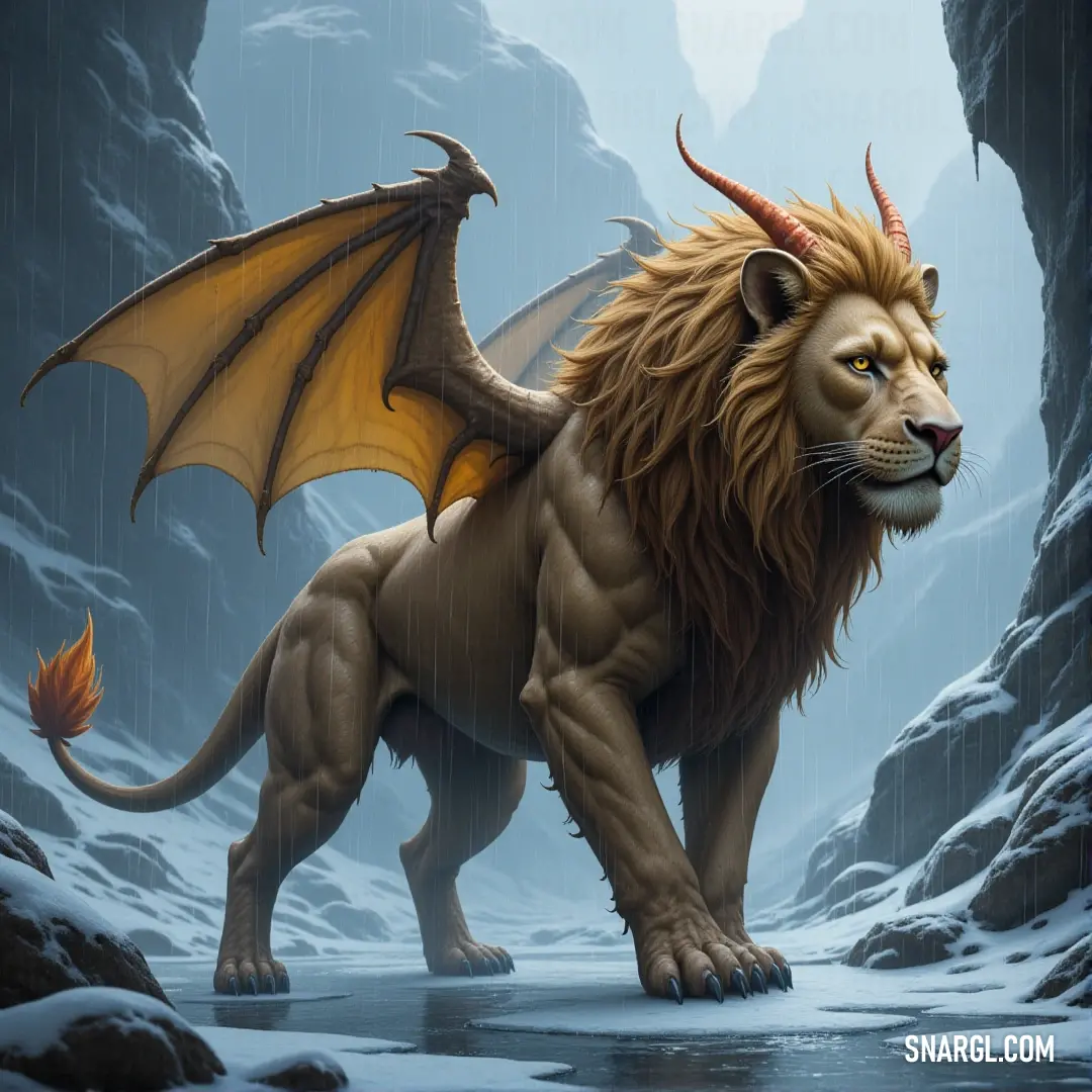 A lion with a manticore-inspired head and tail stands proudly in a snow-covered mountain landscape, with a waterfall cascading in the background. The scene is serene yet awe-inspiring.