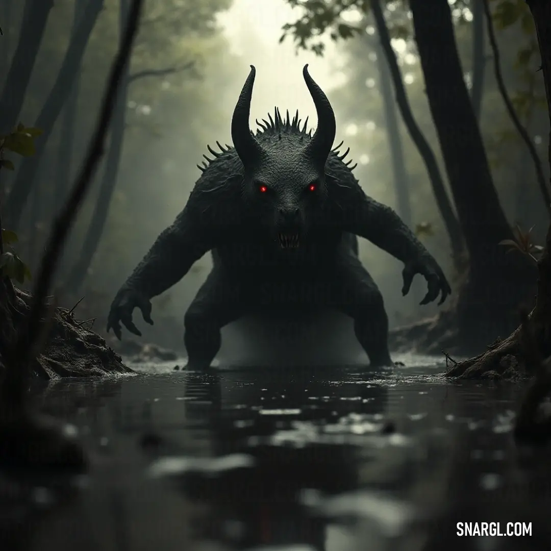 Fierce Thornback Chupacabra with sharp spines and striking eyes poised in a lush forest landscape. In a vibrant forest, a Thornback Chupacabra, with its fierce red eyes and spiky form, is caught in a moment of stillness, surrounded by glistening water and verdant trees, evoking intrigue and excitement about its enigmatic nature.