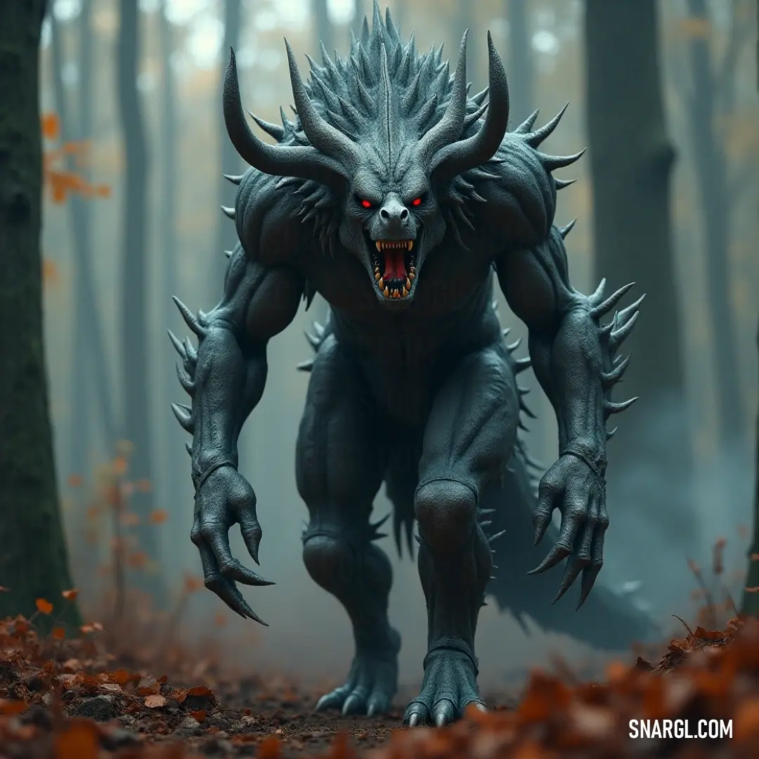A towering demonic creature with thorny armor, walking through an eerie, fog-filled forest. Its sharp teeth gleam as its red eyes pierce through the mist, creating a chilling atmosphere of danger and mystery.