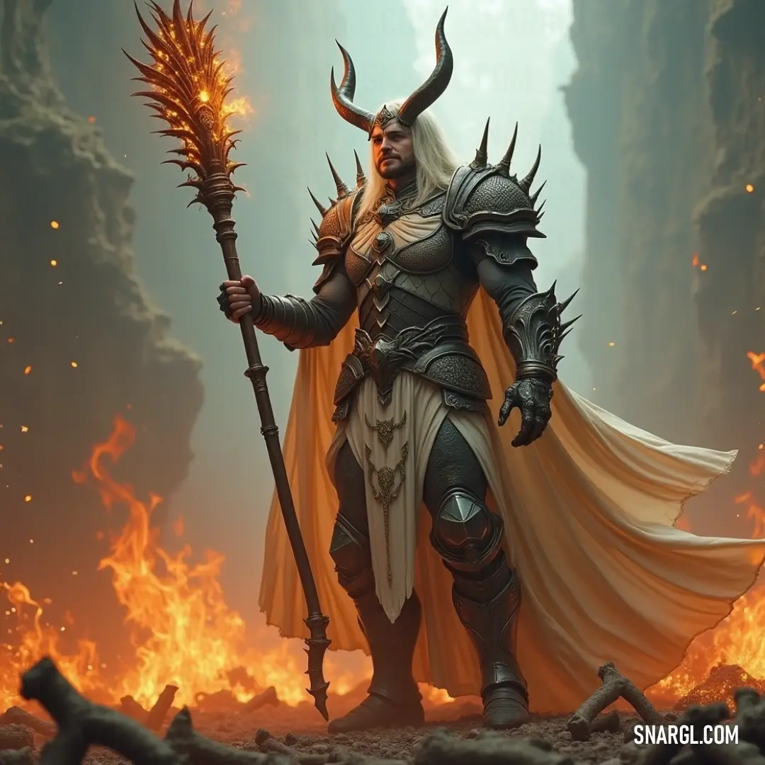In a captivating scene where danger meets intrigue, he stands with confidence in his horned attire, symbolizing a fearless spirit, ready to embrace challenges while surrounded by the raw beauty of a fiery landscape. Amidst a dramatic landscape filled with rocks and encroaching flames, a figure wearing a horned costume raises a stick defiantly, commanding attention, as he navigates a surreal world of danger and enchantment.