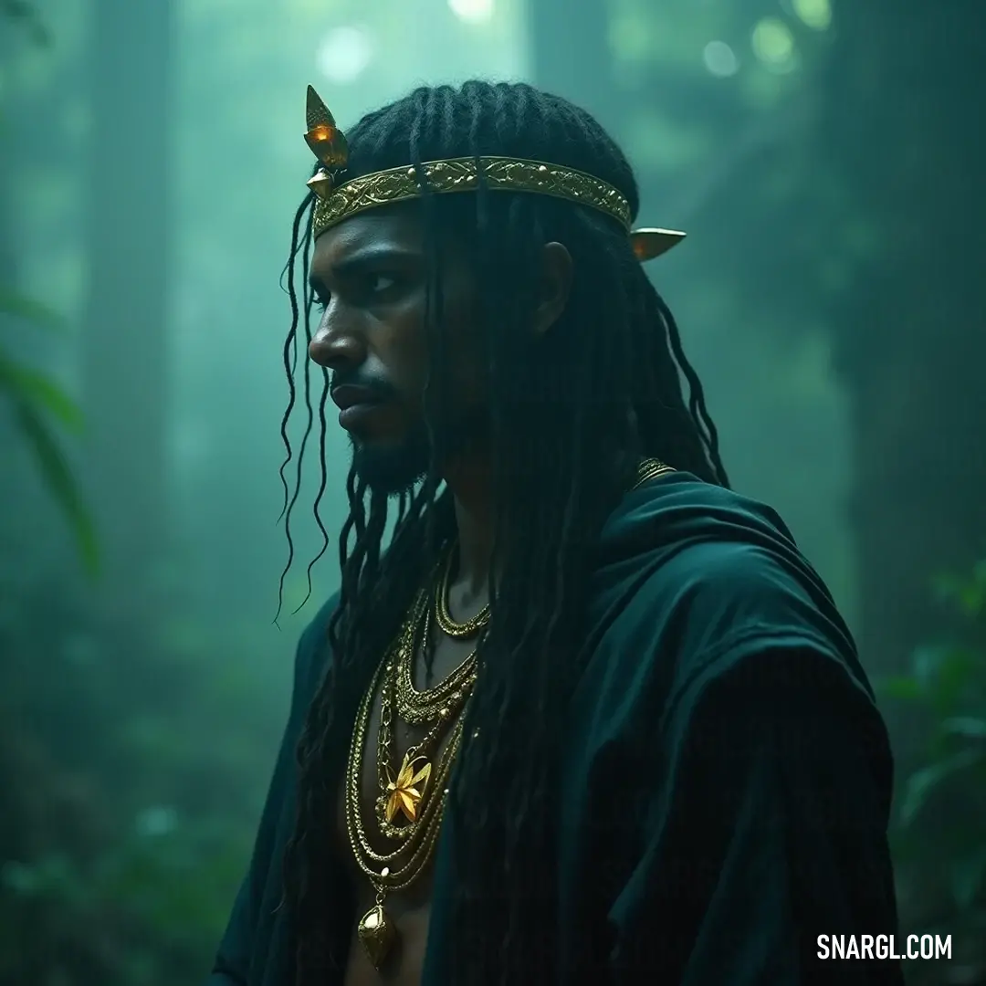 Draped in nature's embrace, he encapsulates the essence of the wild with a striking appearance, his bold accessories reflecting his personality, standing as a bridge between humanity and the mystical world around him. In a deep forest setting, a figure with striking dreadlocks and a gleaming gold necklace stands confidently, surrounded by trees and foliage, portraying a strong, mystical presence intertwined with nature's timeless beauty.