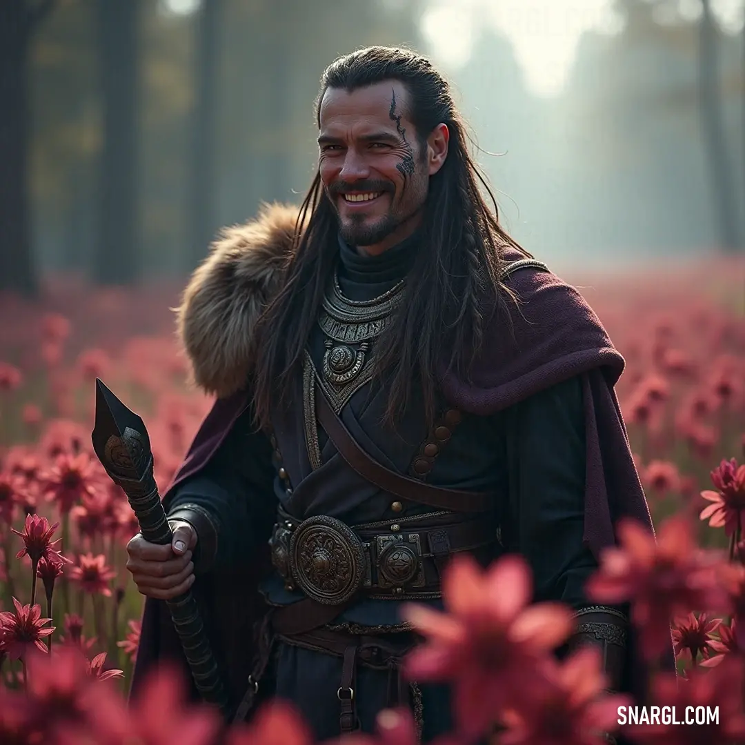 Amidst a sea of colorful flowers, a warrior exemplifies bravery as he stands with his sword, showcasing a striking contrast between fierce determination and serene beauty. A noble figure stands proudly in a vibrant field adorned with blooming flowers, grasping a polished sword that echoes a promise of valor, with the beauty of nature amplifying his resilient spirit.