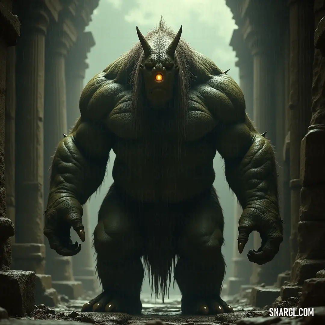 A mighty Giant Thraug illuminated in a mysterious cave. A colossal Thraug, its glowing eyes a beacon of power, dominates a shadowy cave, where ancient columns rise like forgotten giants, cloaked in darkness and dust, echoing tales of old.