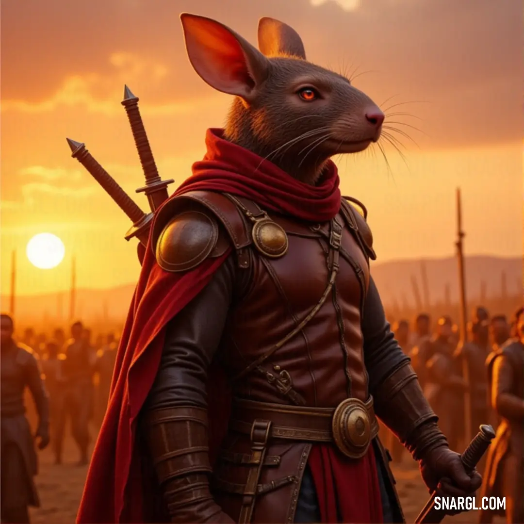 Thrax, the imposing warrior, stands before a crowd, swords in hand, bathed in the warm glow of the sunset. Thrax, a strong warrior in intricate armor, stands confidently in front of a crowd as the sunset casts an orange glow. With swords in both hands, he is poised to inspire awe and fear in those who witness his presence.