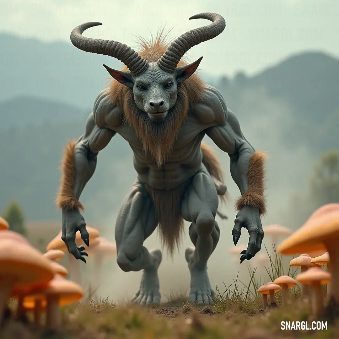 Among a vibrant cluster of whimsical mushrooms, the Horned Thriambos stands majestic, blending fantasy and reality in a world where imagination takes flight amid natural beauty. Standing proudly in a whimsical mushroom grove, the Horned Thriambos, adorned with awe-inspiring long horns, draws all eyes with his captivating presence that blends humor and majesty in a fairy-tale-like setting.