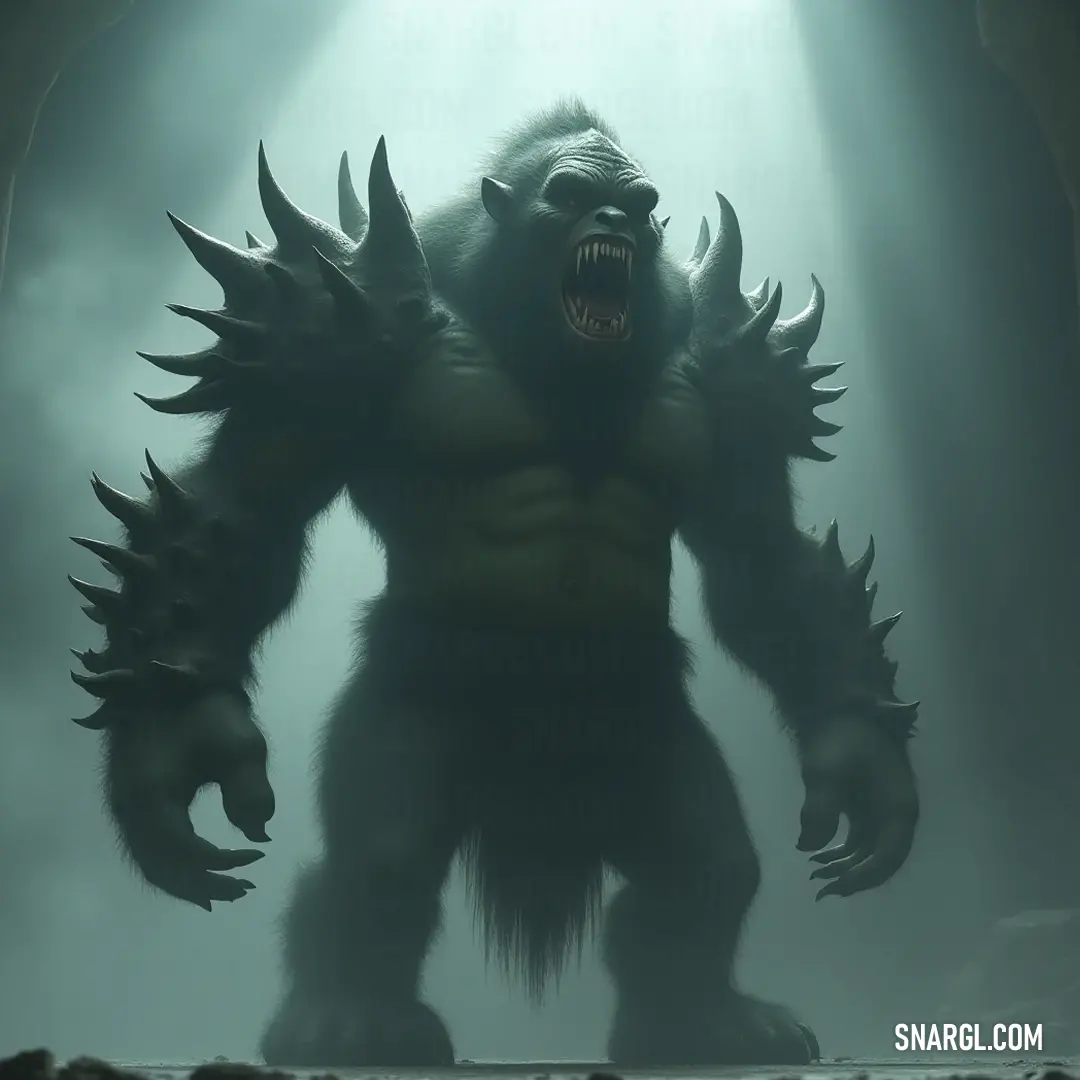 Majestic Throgg displaying its formidable teeth in an enchanting mythical landscape. A majestic Throgg with an impressive coat of fur, showcasing its massive, intimidating teeth that hint at its powerful nature and presence in a mythical realm.