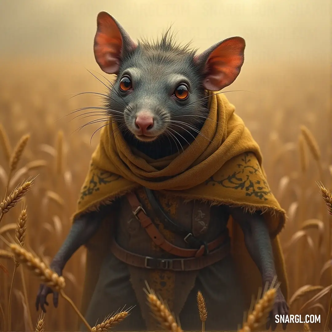 Throt the Unclean, with a scarf around his neck, stands in the midst of a vast wheat field, exuding calm yet eerie energy as the wind rustles through the golden stalks. Throt the Unclean stands in a serene wheat field, wearing a scarf. The soft wind and the golden wheat add to the peaceful yet mysterious atmosphere surrounding him.
