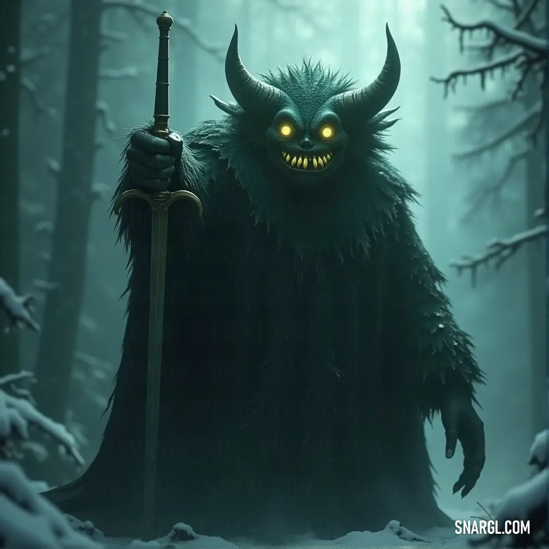 Thrumblefinger, a strange and eerie figure, brandishes a sword as it steps through the snow-covered forest. A mysterious, eerie creature named Thrumblefinger, wielding a sword, emerges from the wintry forest. The snow-covered ground and frosty trees cast an ominous aura as it steps forward, blending into the cold, desolate landscape.