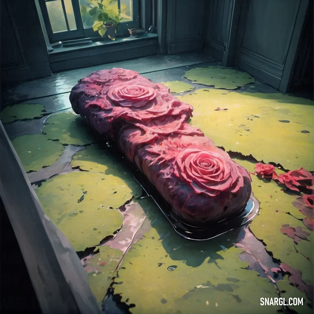 Cake with roses on it laying on the floor in front of a window with a green floor covering. Example of #DE6FA1 color.