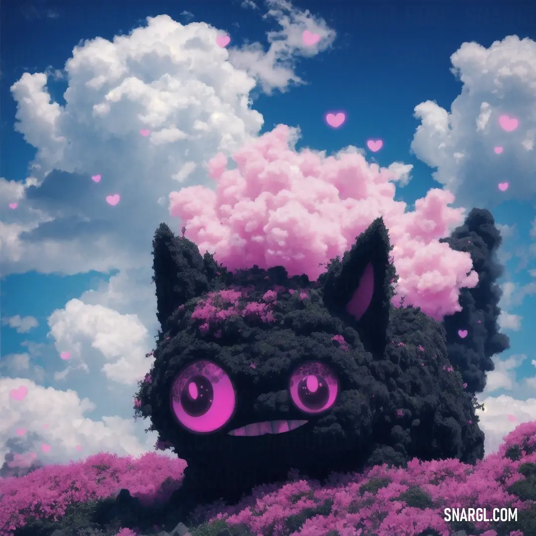 Cat with pink eyes and a cloud of smoke in the sky above it is a pink cloud in the sky