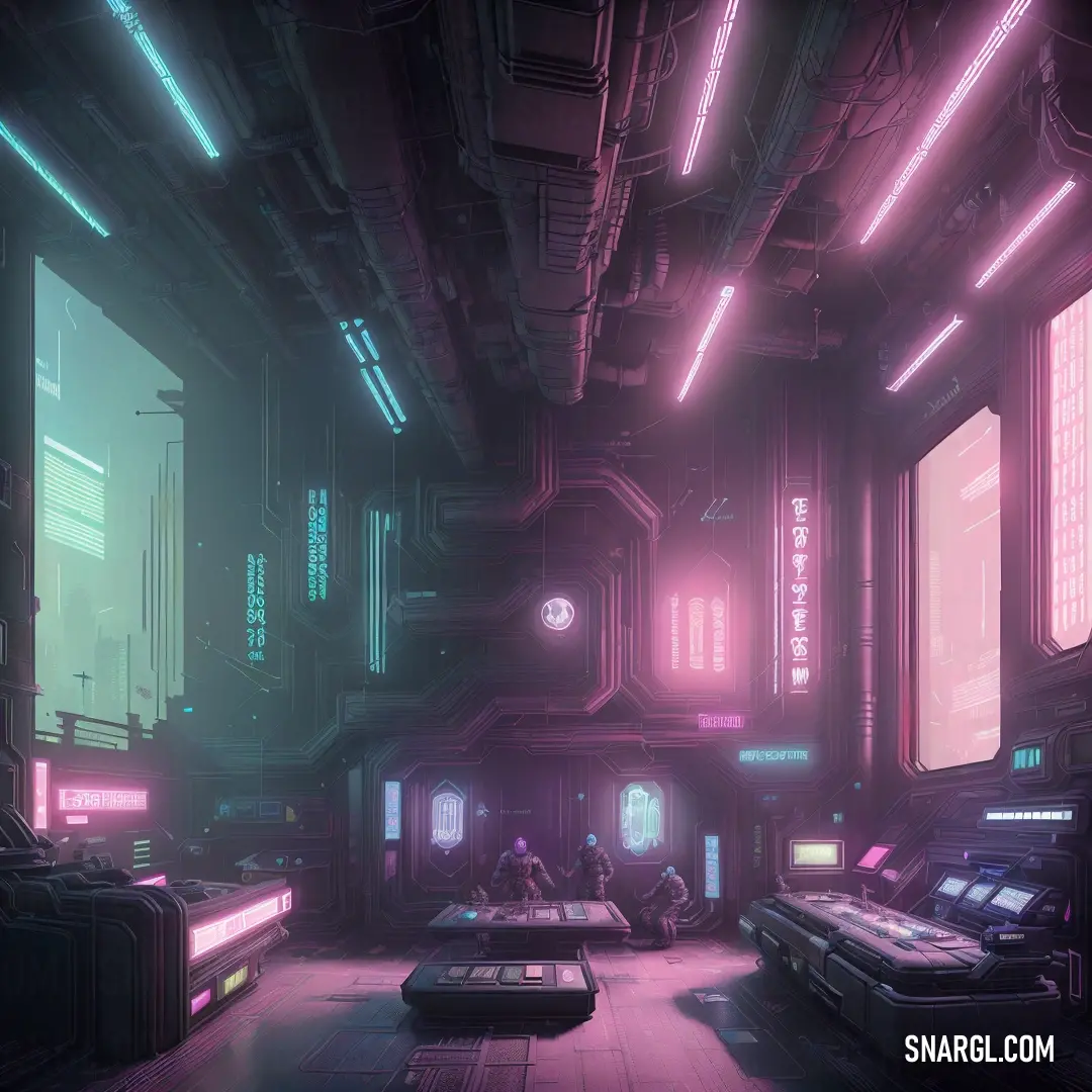 Futuristic looking room with neon lights and a lot of furniture