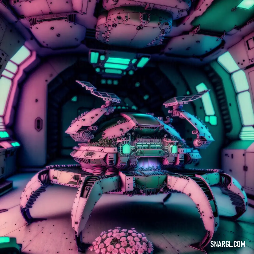 Futuristic space station with a large spider crawling through the center of the space
