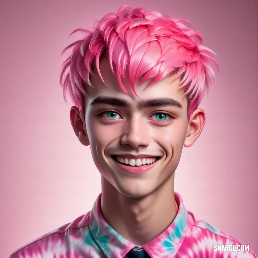 Man with pink hair and a tie smiling at the camera. Example of #DE6FA1 color.