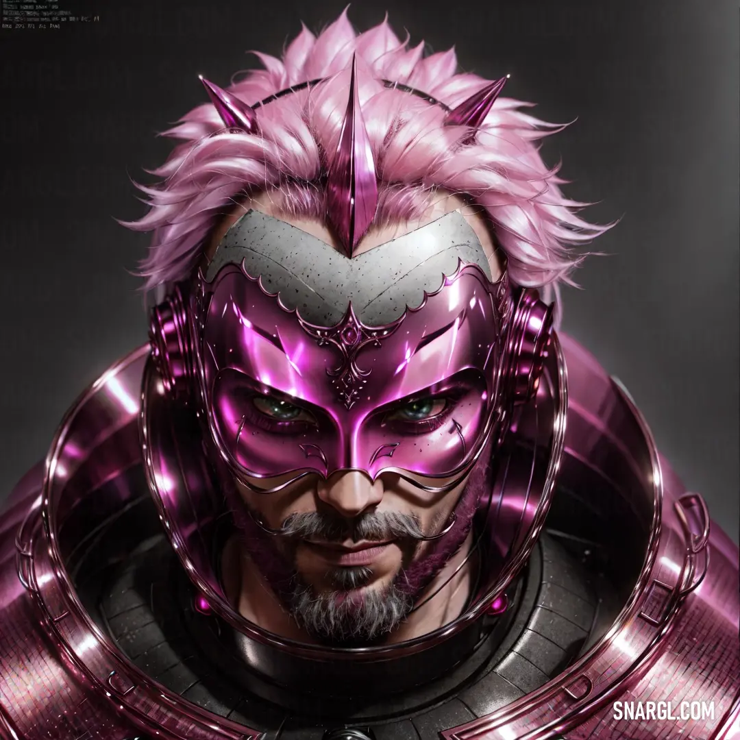Man with pink hair and a pink mask on his face and a pink helmet on his head