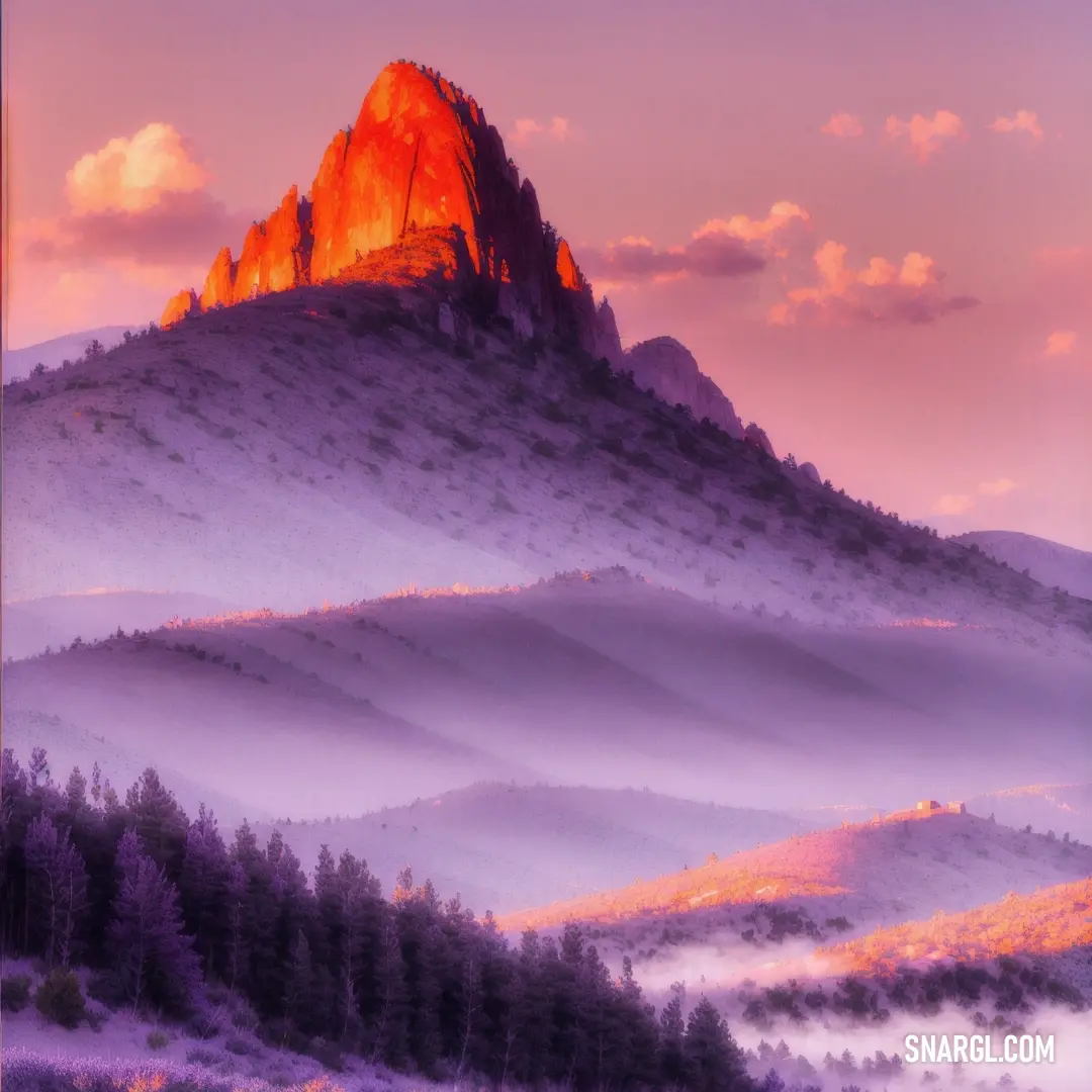 Mountain with a red peak in the distance with trees on the side of it and a pink sky