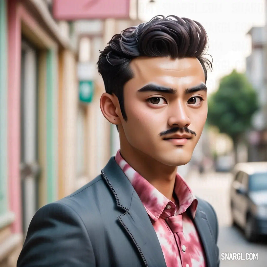 Man with a mustache and a suit jacket on a street corner with a car in the background. Color Thulian pink.