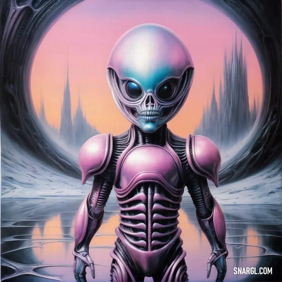 Painting of a alien standing in front of a lake with a castle in the background. Example of CMYK 0,50,27,13 color.