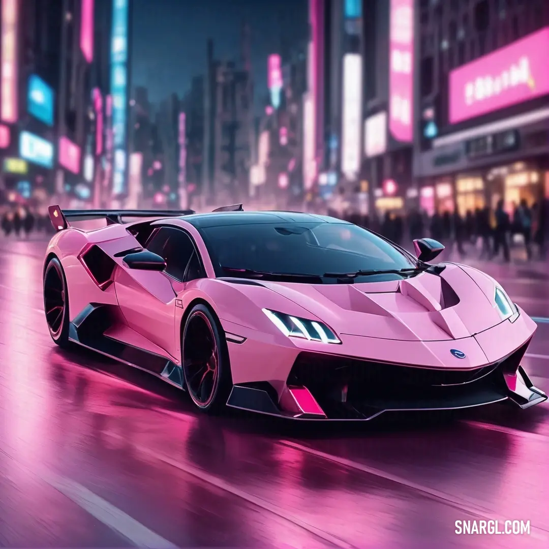 Pink sports car driving down a city street at night with neon lights on the buildings behind it. Example of RGB 222,111,161 color.
