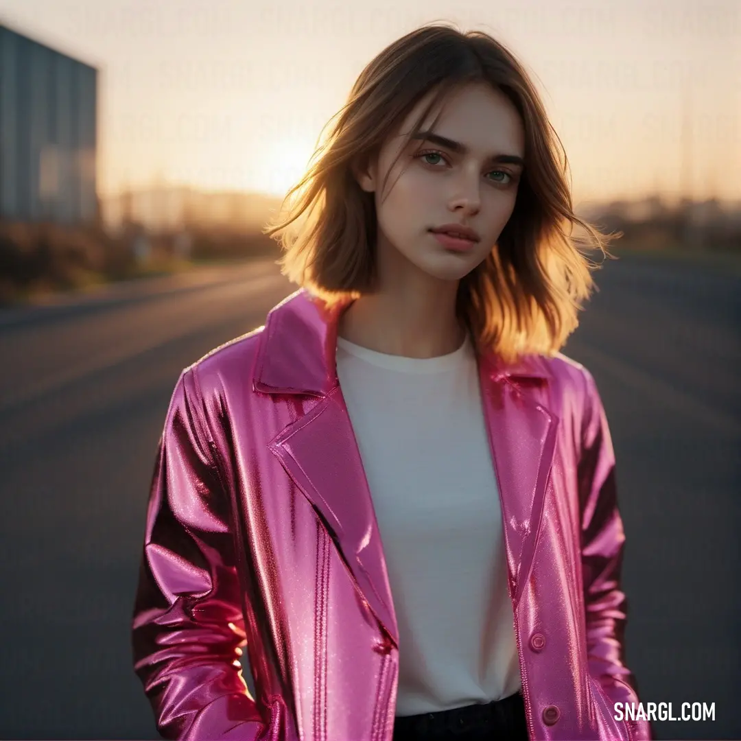 Woman in a pink jacket standing on a street corner at sunset or sunrise with her hair in a bun. Example of Thulian pink color.