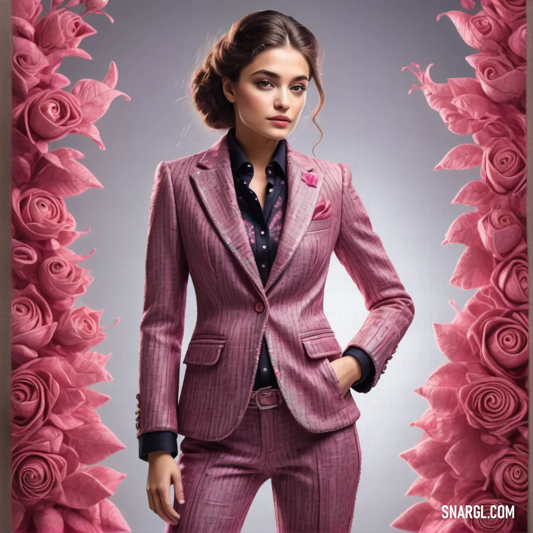 Woman in a suit standing in front of a pink rose wall with roses on it and a floral border. Color Thulian pink.