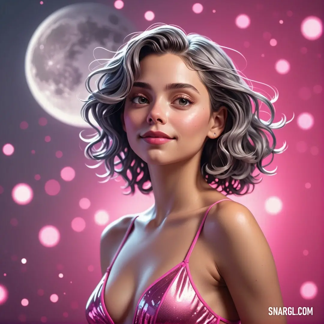 Woman in a pink bikini top with a full moon in the background. Color CMYK 0,50,27,13.