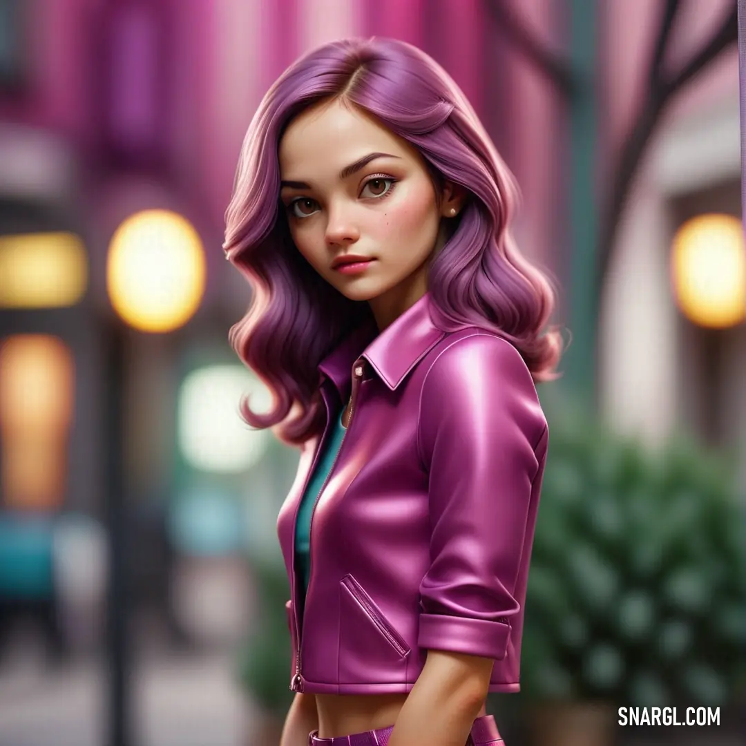 Thulian pink color example: Woman with purple hair and a purple jacket on is standing in front of a building with a pink light