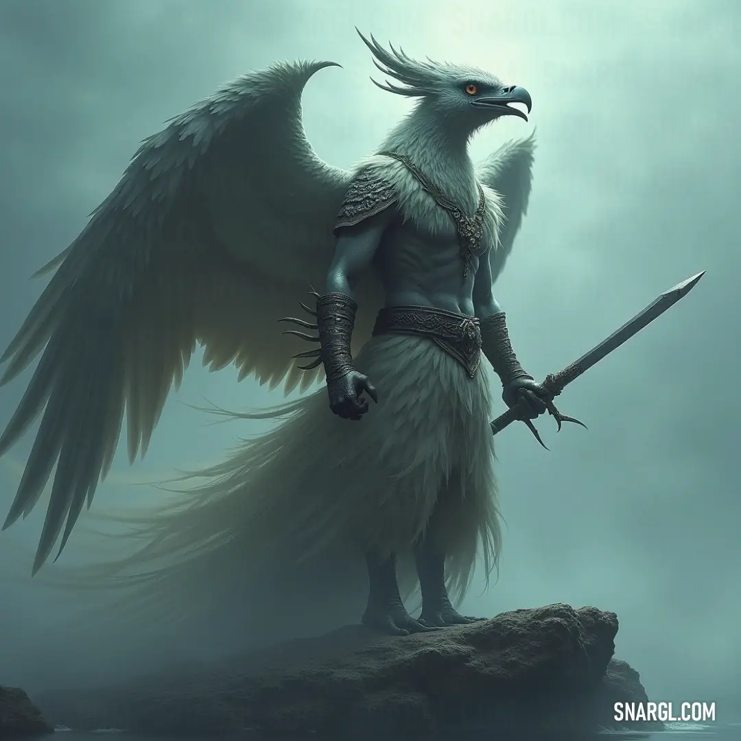 Admire the formidable White Thunder Garuda, wielding its brilliant sword while anchored on a rugged rock, surrounded by winding waters and ethereal fog, commandingly majestic. A stunning White Thunder Garuda, holding a gleaming sword, stands triumphantly on a rock by rippling waters, with a mystical fog enveloping its striking form.