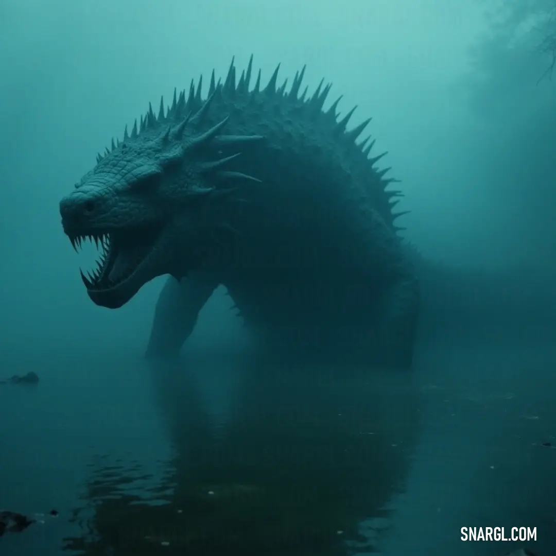Thunder Leviathan with open jaws and sharp teeth, standing in the water amidst a foggy, mysterious atmosphere. A massive Thunder Leviathan towers above the water, its enormous jaws gaping wide, revealing sharp teeth. Fog shrouds the scene, adding to the creature's ominous presence as it stands still in the murky depths of the water.