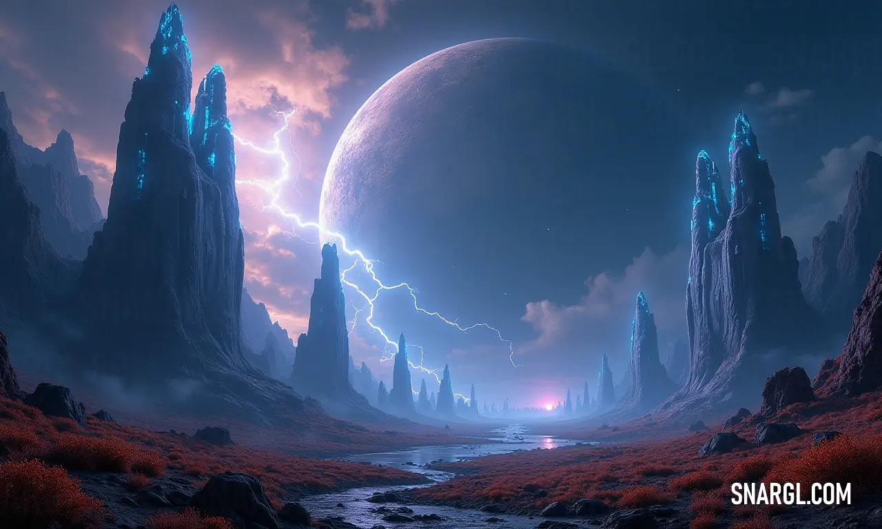 In a magical fantasy world, a wide river flows through lush landscapes, illuminated by the glow of a massive moon; lightning dances from the moon to the serene ground below, creating an ethereal ambiance.