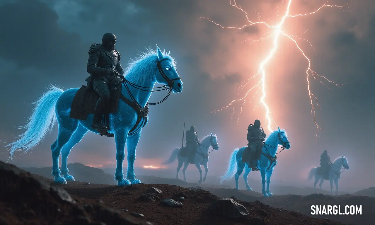 A dynamic moment captured as a group of equestrians races underneath a striking lightning bolt, embodying the spirit of adventure and the thrill of connection with nature in a dramatic atmosphere. A thrilling scene unfolds as a group of riders on horseback gallops beneath a fierce lightning bolt in the expansive sky. The energy of the moment and the bond between horse and rider are palpable amidst nature's tempest.