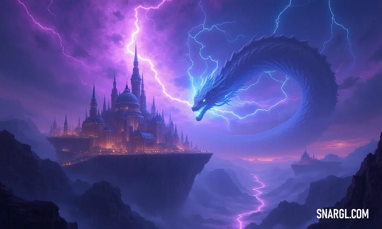 A majestic Thunder Serpent soars ominously over an ancient castle, surrounded by a dramatic stormy sky illuminated by bursts of lightning striking from its towering roof.
