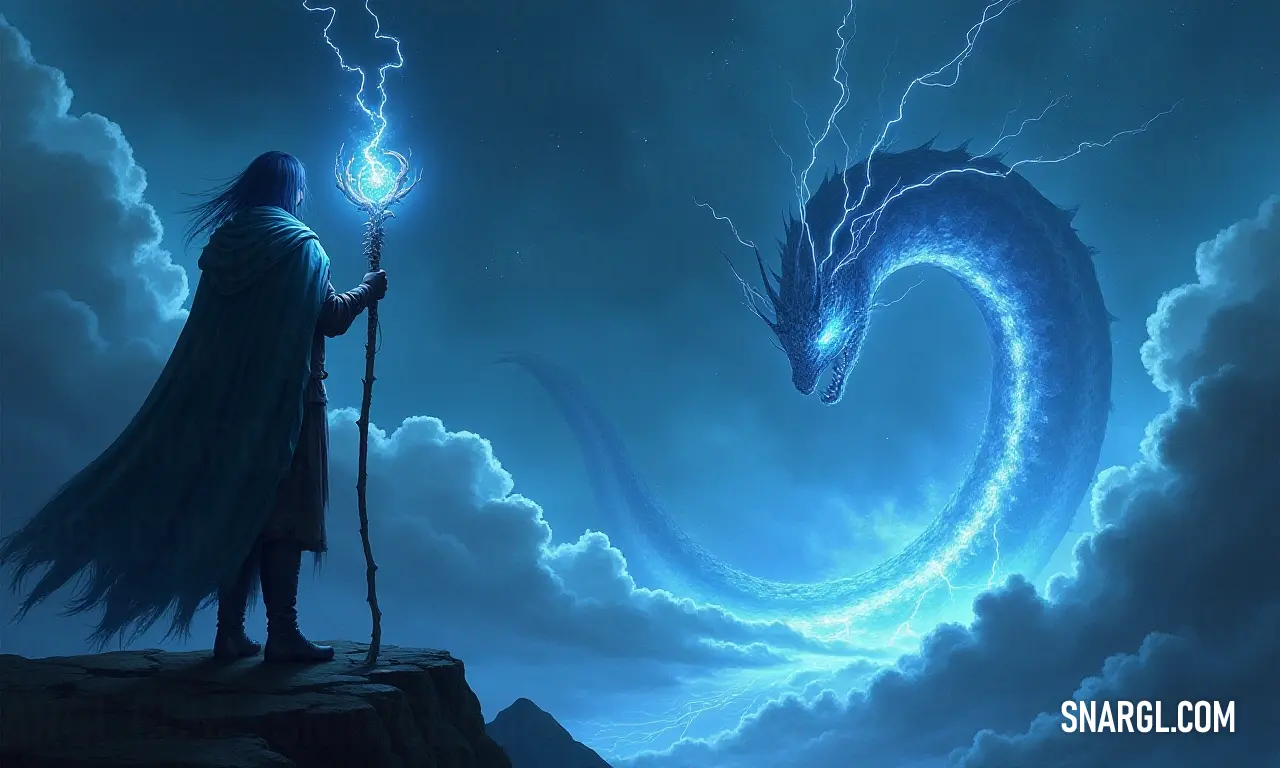 The Thunder Serpent, holding a majestic staff, stands steadfast on a rugged cliff, with a fearsome dragon soaring through the skies behind it, an embodiment of strength and mystique in a vibrant landscape.