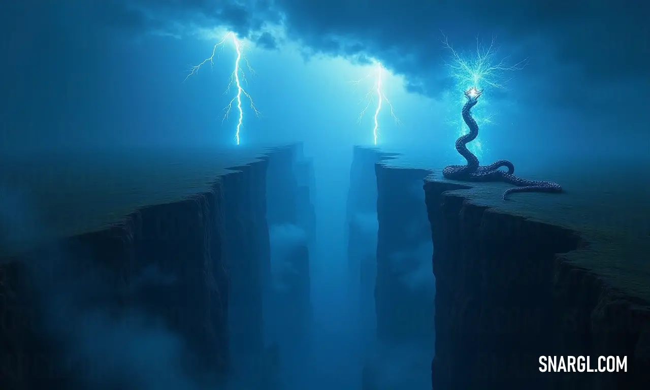 A powerful Thunder Serpent commands a rocky cliff, crowned by a striking bolt of lightning that emphasizes its fierce majesty against the vast expanse above. The formidable Thunder Serpent stands proud atop a rugged cliff, elegantly poised as a brilliant lightning bolt strikes the sky above it, lending drama to the scene.